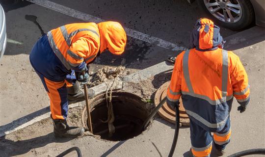 Drainage workers carrying out work down a man hole